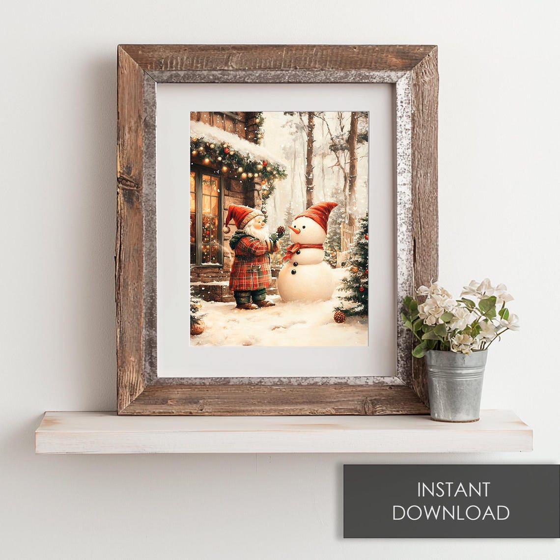 Christmas Gnome Decorating Snowman Outside Cozy Cabin Scene Poster - Image 6