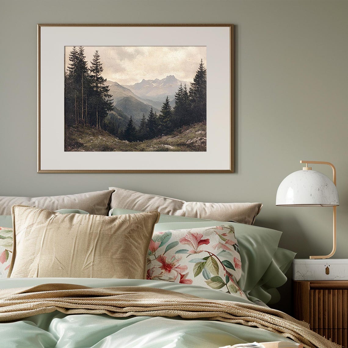 Misty Vintage Mountain Valley Pine Forest Landscape Art Poster - Image 3
