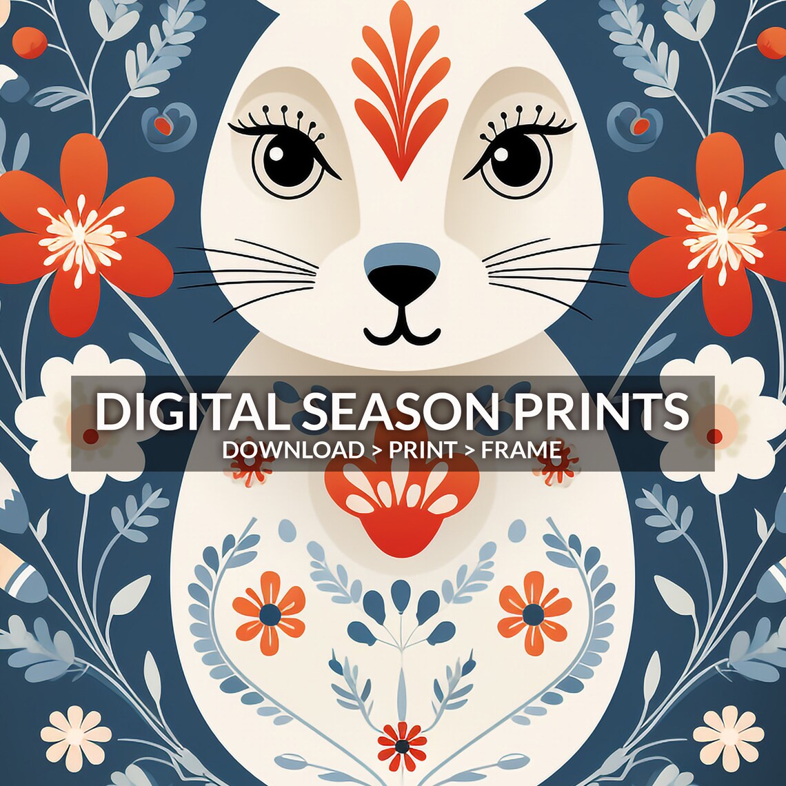 Scandinavian Folk Art Bunny Rabbit Floral Navy Woodland Art Print - Image 6