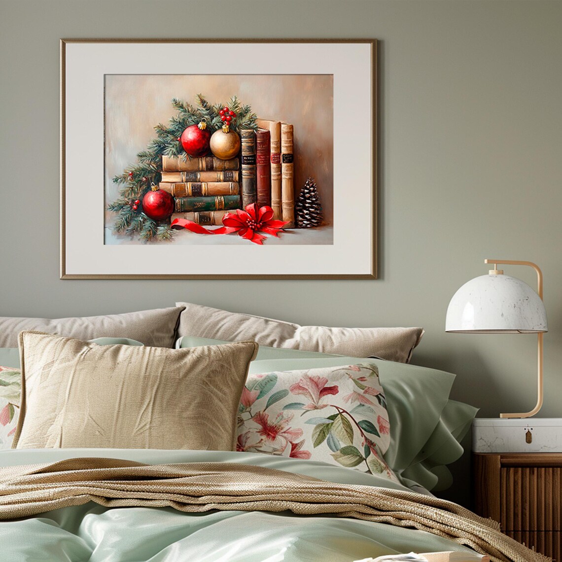 Christmas Books with Vintage Ornaments Red Ribbon Holiday Poster - Image 3