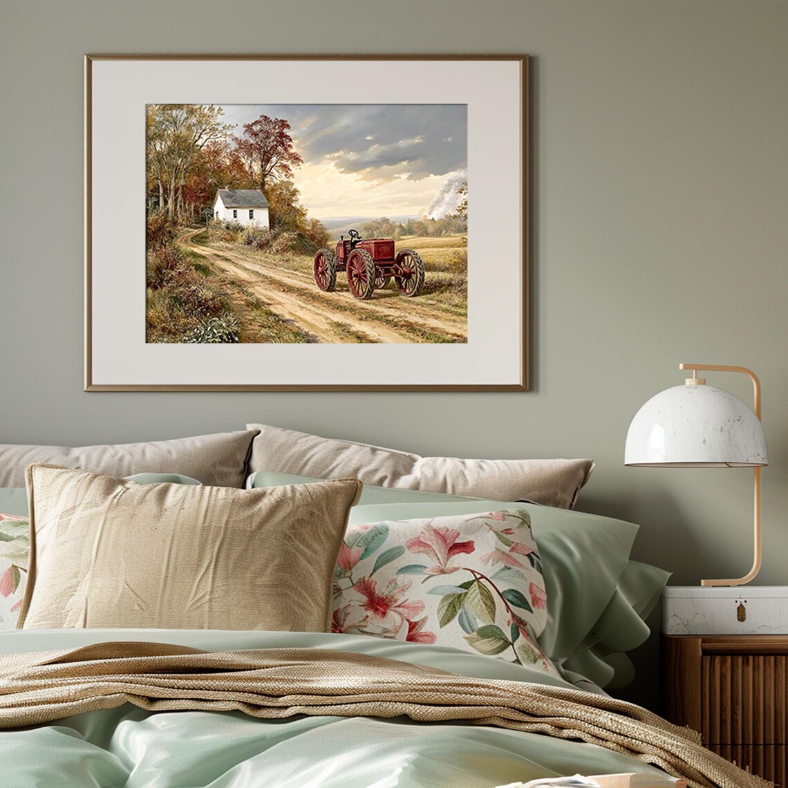 Antique Red Tractor Country Road Farmhouse Autumn Landscape Art Print - Image 3
