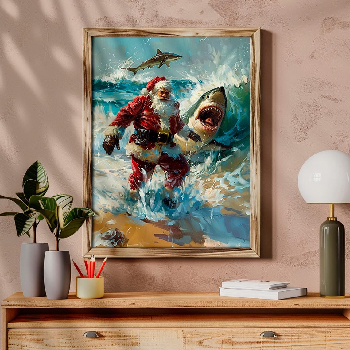 Funny Santa Running From Sharks Tropical Beach Christmas Print - Image 6