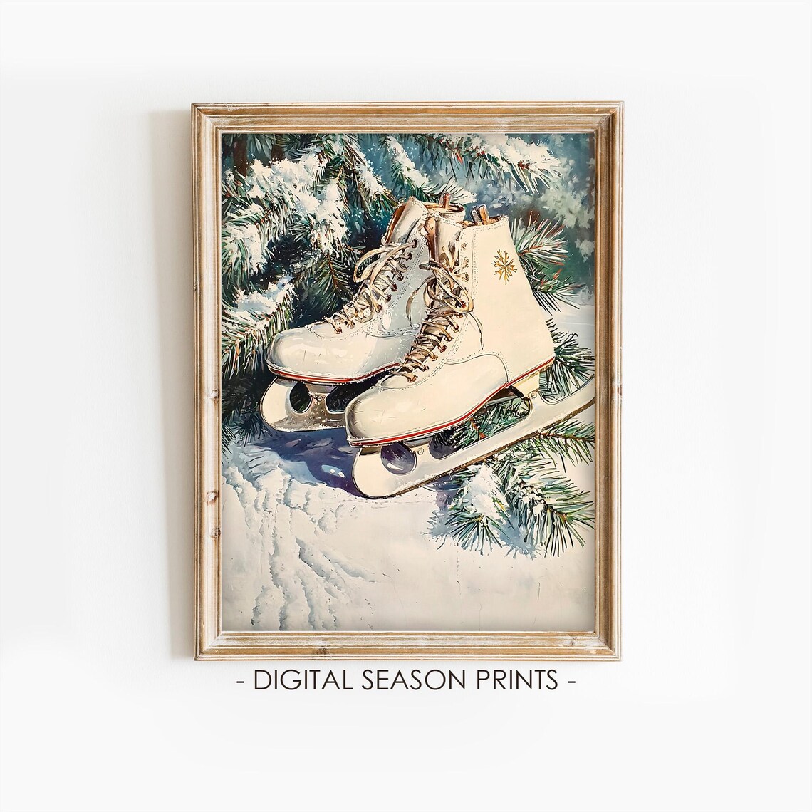 Vintage White Ice Skates On Snowy Pine Branches Holiday Painting Print