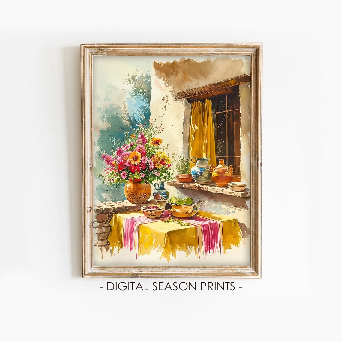 Mexican Kitchen Flowers Pottery Watercolor Rustic Table Scene Poster