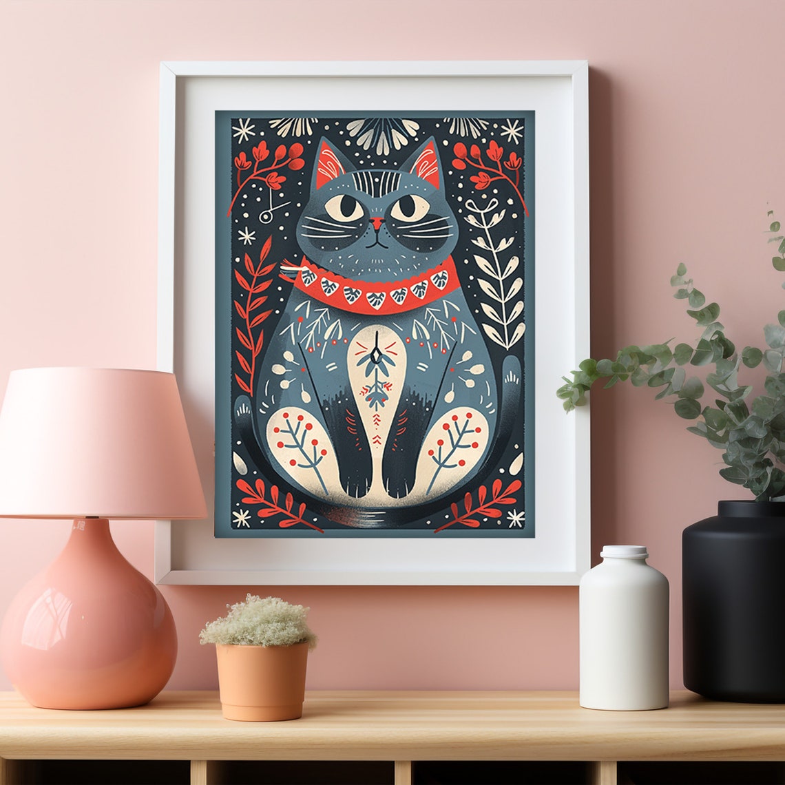 Scandinavian Folk Art Black Cat Red Floral Pattern Animal Poster - Image 4