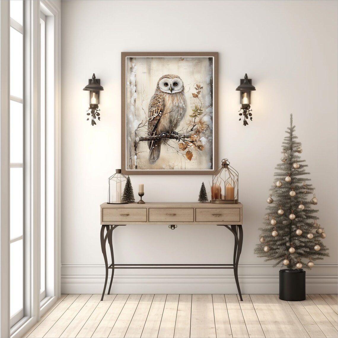 Vintage Winter Owl Perched On A Snow Dusted Branch Painting Poster - Image 4