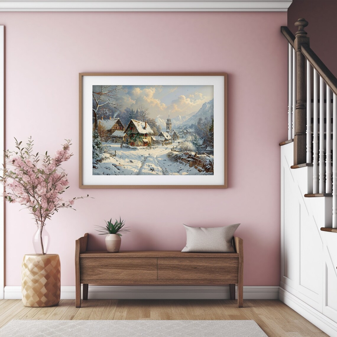 Snowy Christmas Village Church Winter Mountain Landscape Wall Art - Image 4
