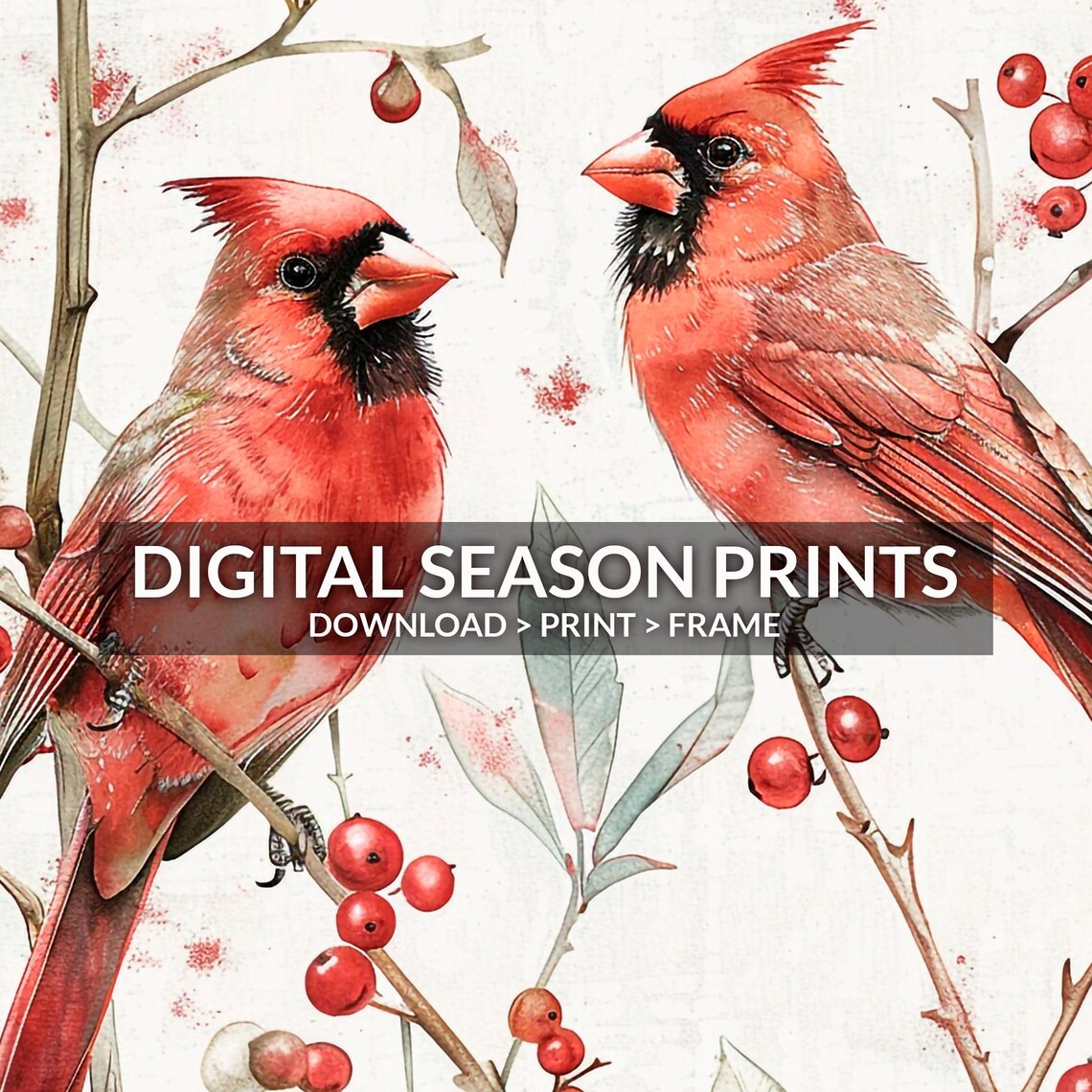 Two Red Cardinals on Berry Branch Watercolor Winter Birds Poster - Image 4