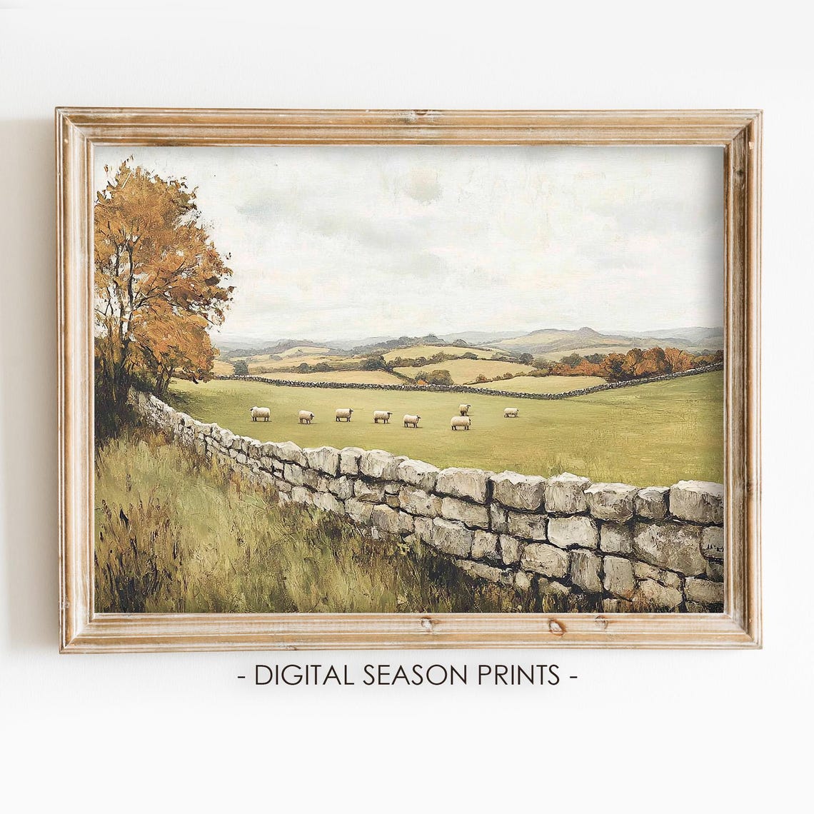 Irish Countryside Stone Wall Sheep Grazing Autumn Field Poster