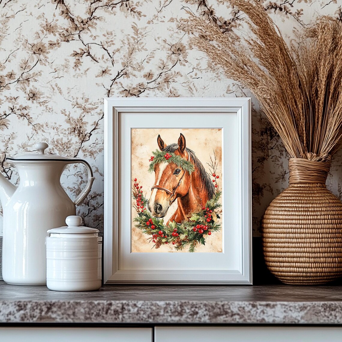 Horse Portrait Wearing a Holly Berry Wreath Watercolor Holiday Poster - Image 4