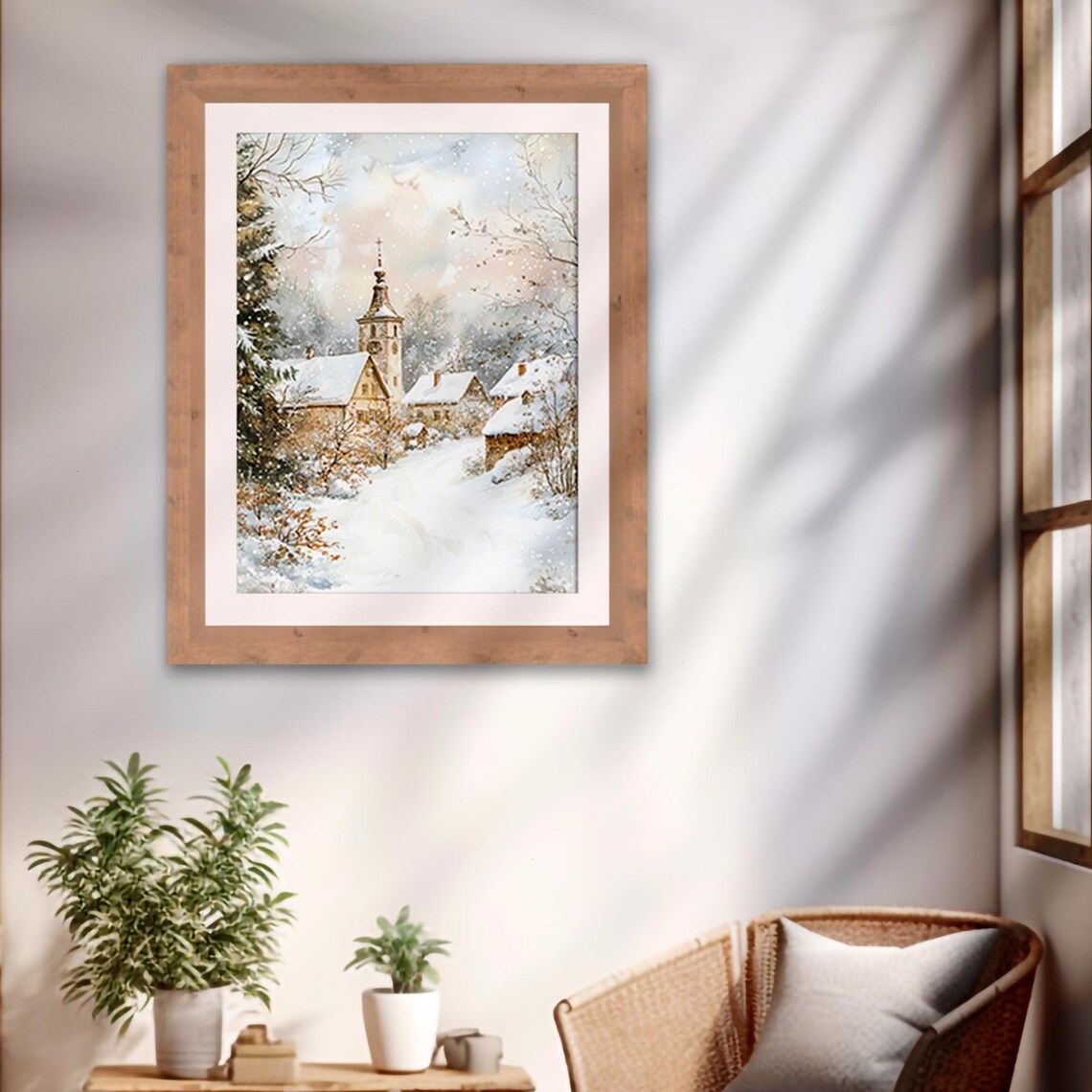 Snowy Village Watercolor With Church Tower In Soft Falling Snow Poster - Image 2