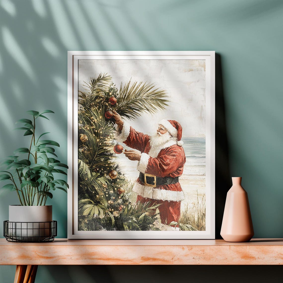 Santa Claus Decorating Palm Tree Tropical Beach Christmas Art Print - Image 4