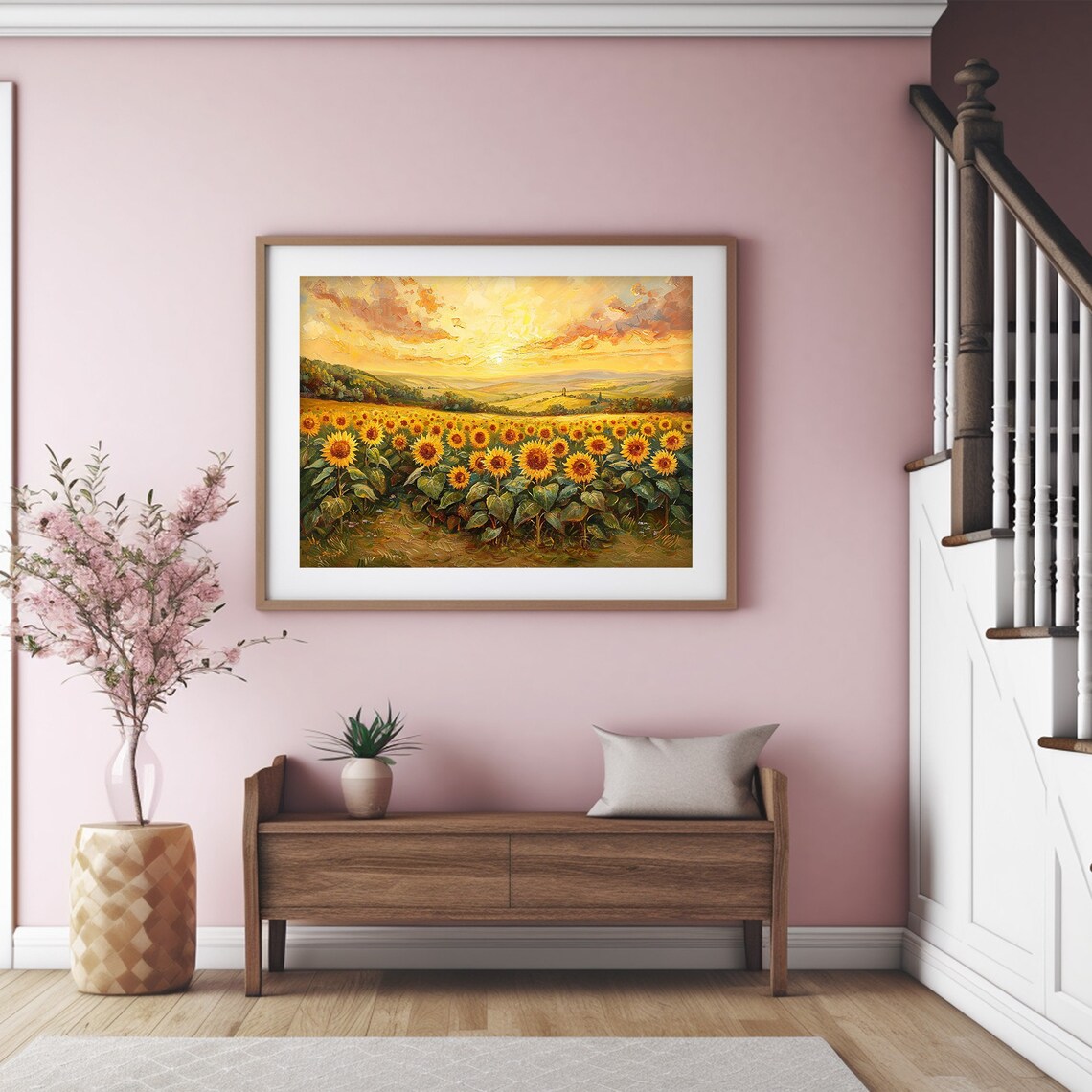 Sunflower Field at Golden Sunset Impasto Oil Painting Poster - Image 5