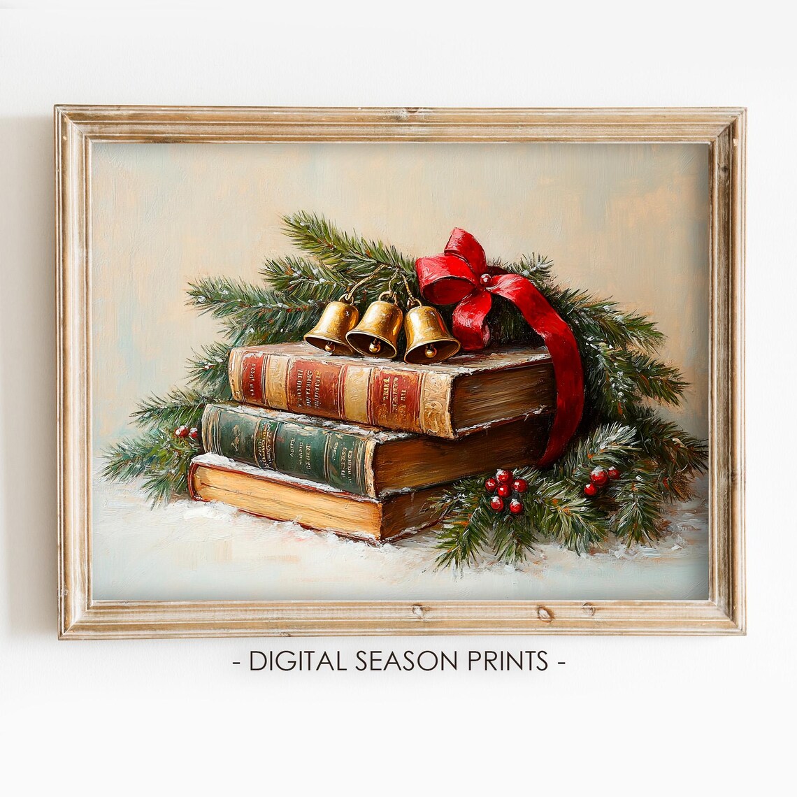Christmas Books with Jingle Bells Red Ribbon Vintage Holiday Poster