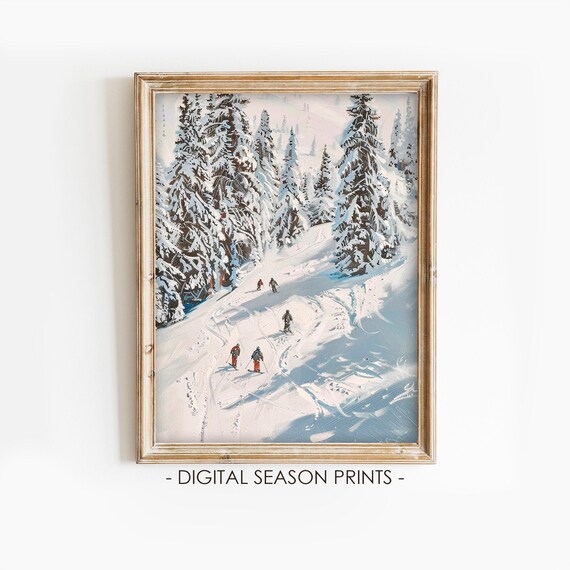 Skiers On Snowy Mountain Slope Among Pine Trees Vintage Style Print