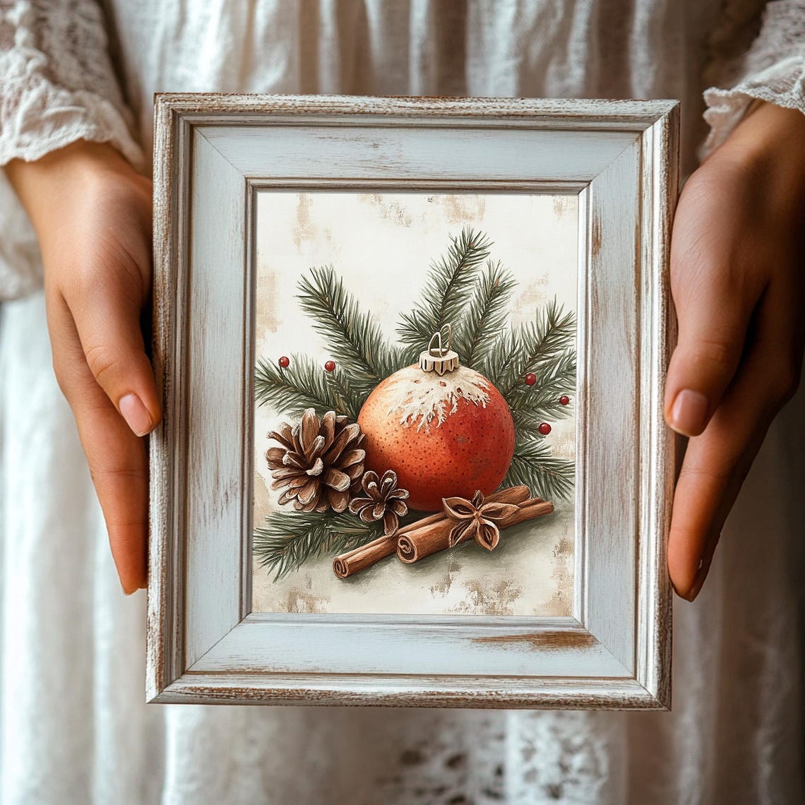 Red Christmas Ornament with Pine Cinnamon and Berries Vintage Poster - Image 3