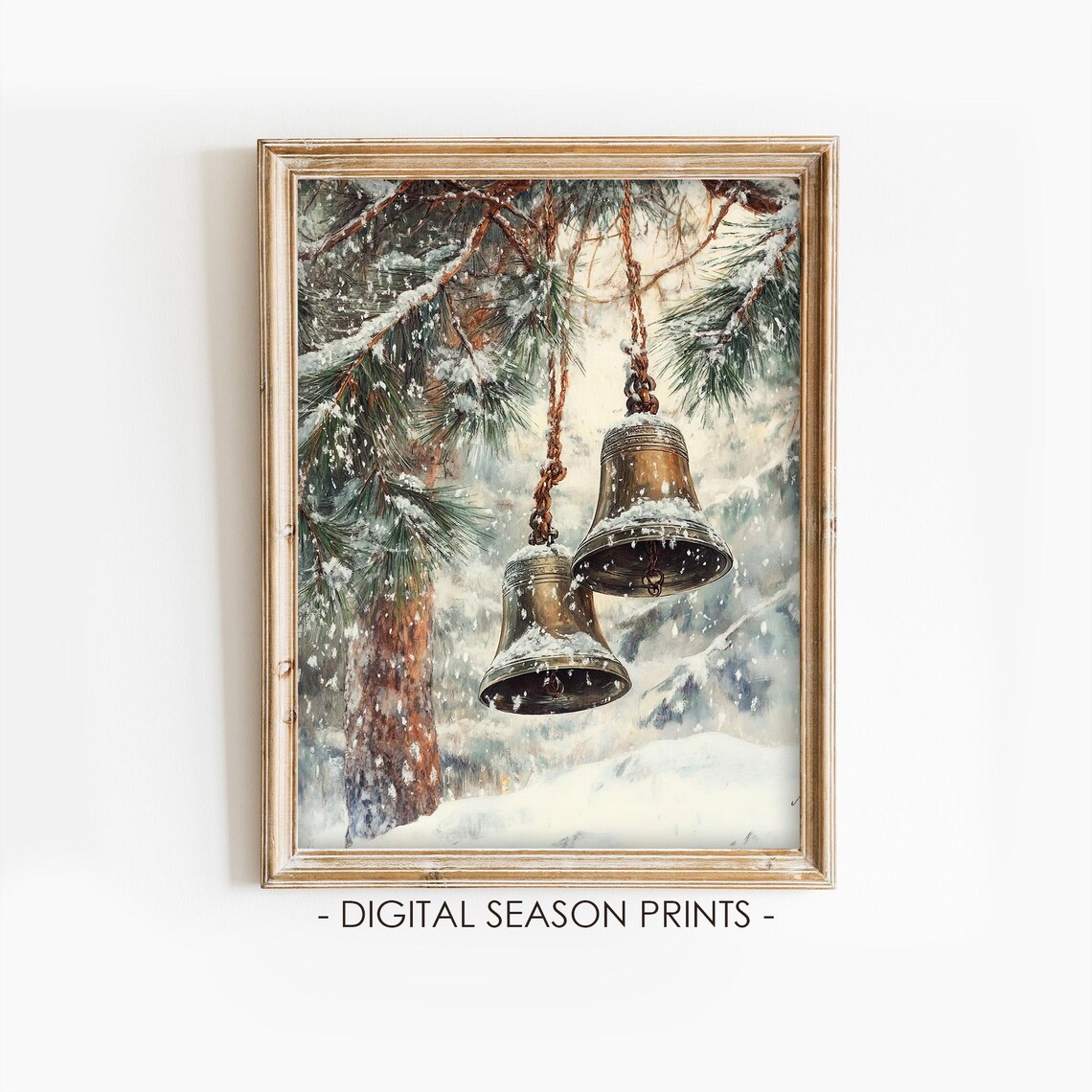 Brass Church Bells Hanging From Snowy Pine Branch Winter Poster