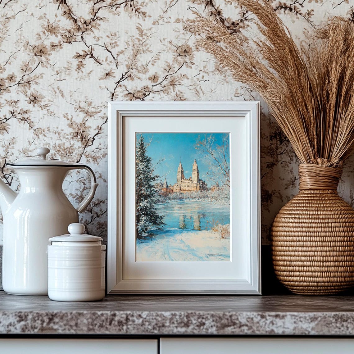 Frozen Lake Grand Twin Tower Building Winter City Skyline Poster - Image 4