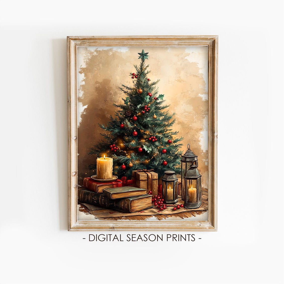 Christmas Tree with Vintage Books Candles and Lanterns Cozy Poster