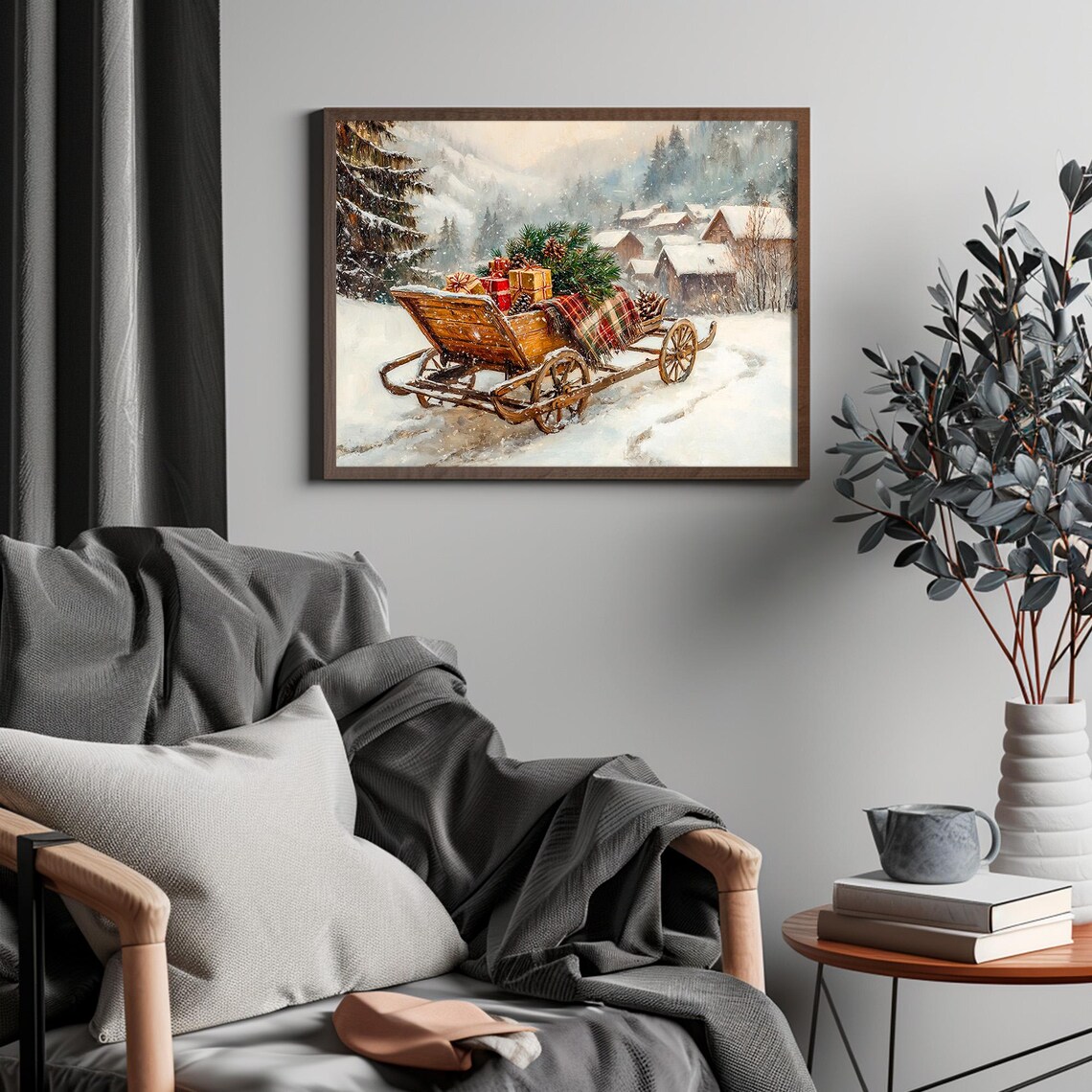 Vintage Wooden Sleigh With Christmas Gifts Snowy Village Scene Print - Image 4