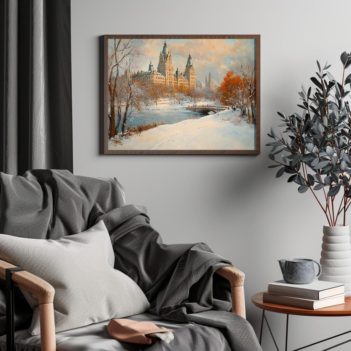 Snowy Central Park New York Winter City Pond Bridge Wall Art - Image 4