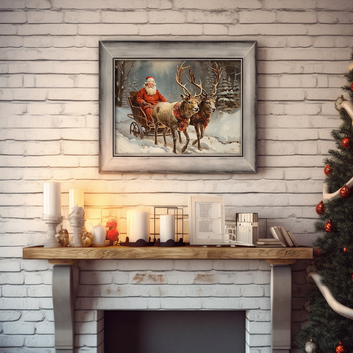 Vintage Santa Claus Sleigh Ride Reindeer Team Snowy Forest Poster - Image 5