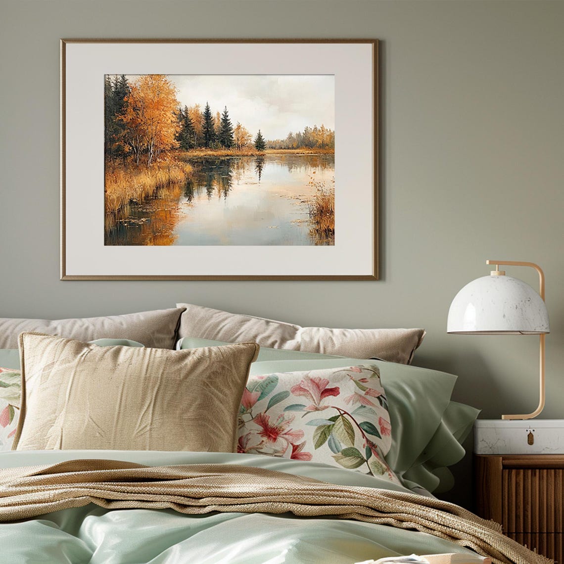 Rustic Autumn Lake Landscape Print Fall Nature Painting Moody Wall Art - Image 3
