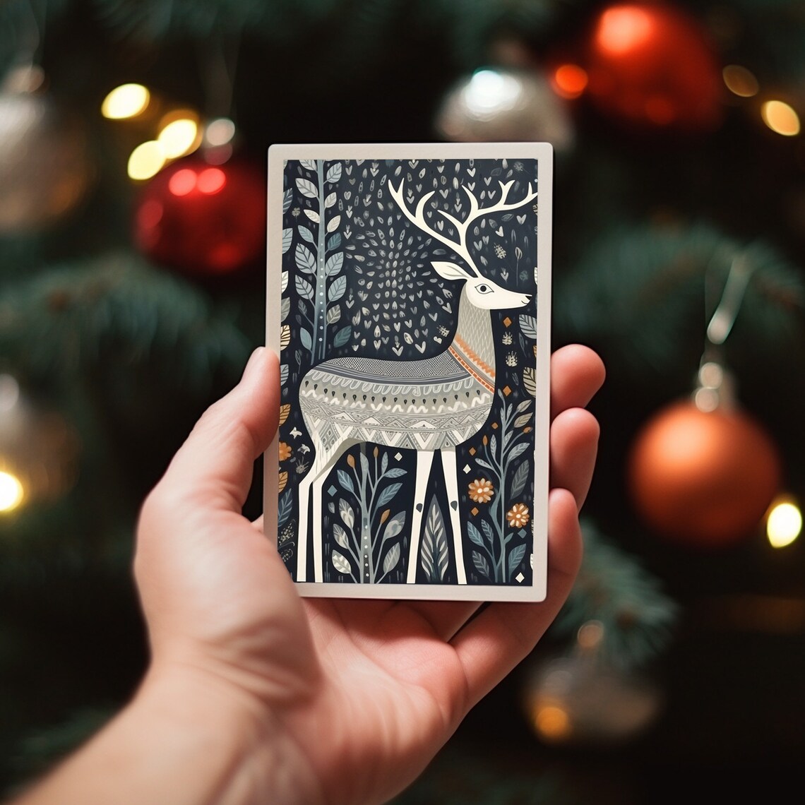Scandinavian Folk Art Deer on Dark Forest Nordic Animal Print - Image 5