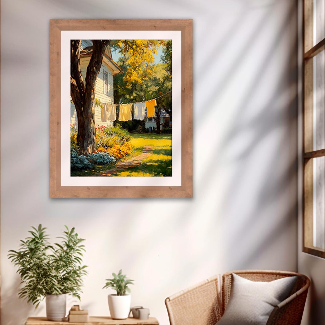 Sunlit White Farmhouse Clothesline in a Golden Summer Garden Print - Image 2