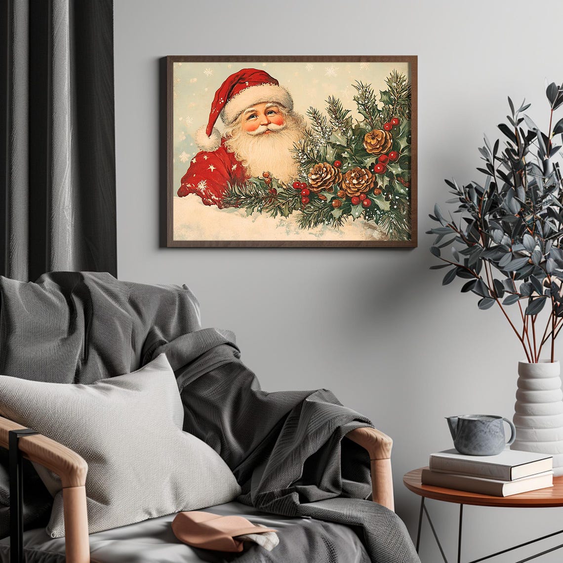 Cheerful Retro Santa Claus Christmas Pine Cones Holly Vintage Poster - Image 4