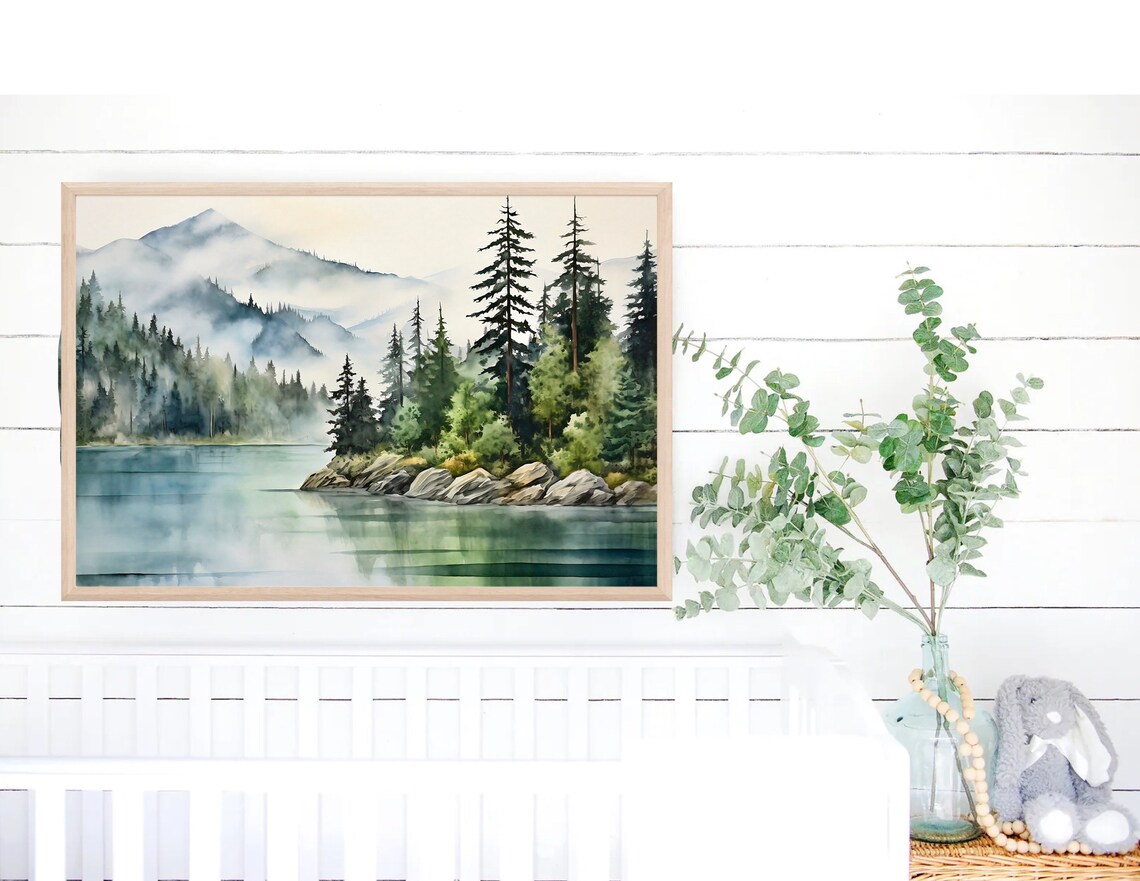 Mountain Lake Watercolor Pine Tree Wall Art Print - Image 5