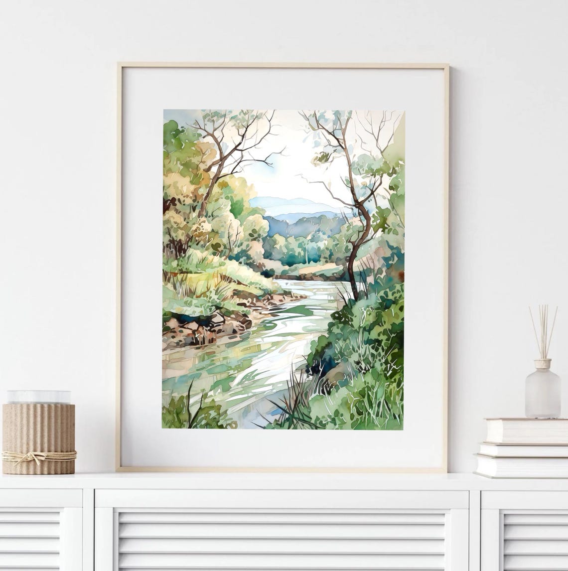 Green River Through Summer Forest Watercolor Nature Art Poster - Image 4