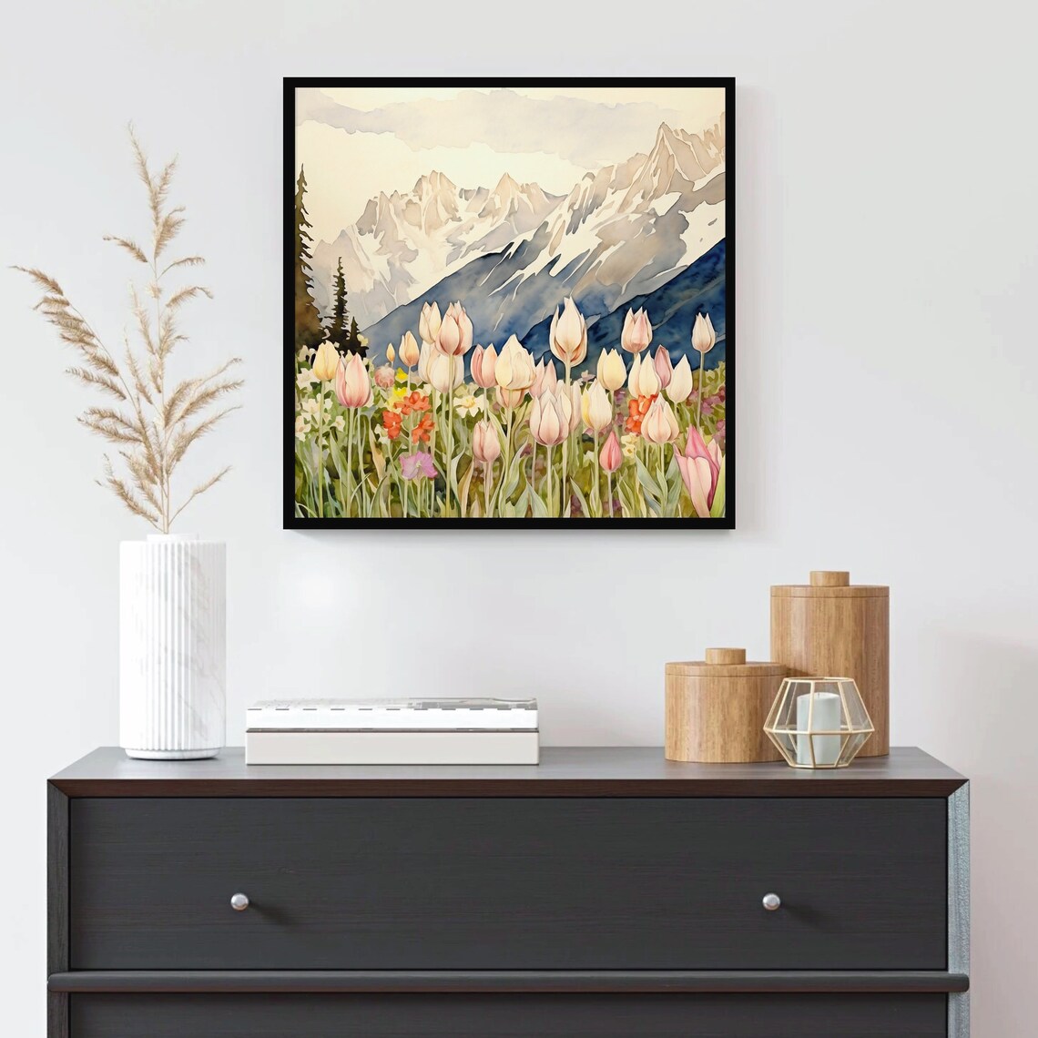 Alpine Tulips Blooming Before Snowy Mountain Peaks Watercolor Poster - Image 4