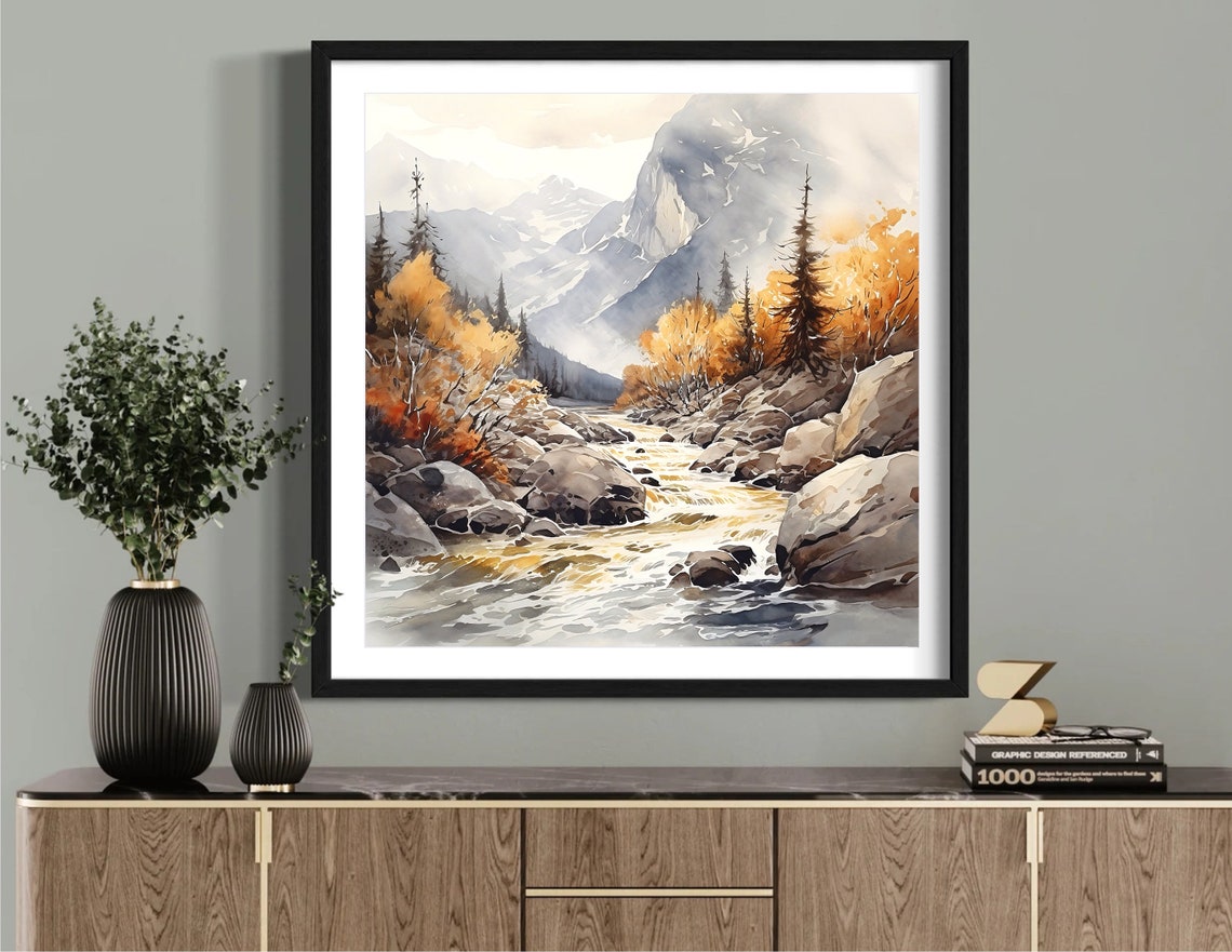 Mountain Stream Autumn Foliage Boulders Misty Watercolor Poster - Image 5