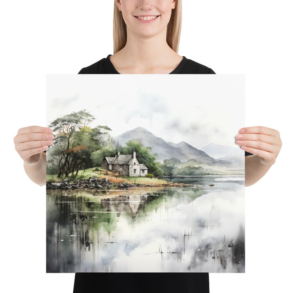 Ireland Stone Cottage Lake Reflection Misty Mountains Art Poster - Image 5