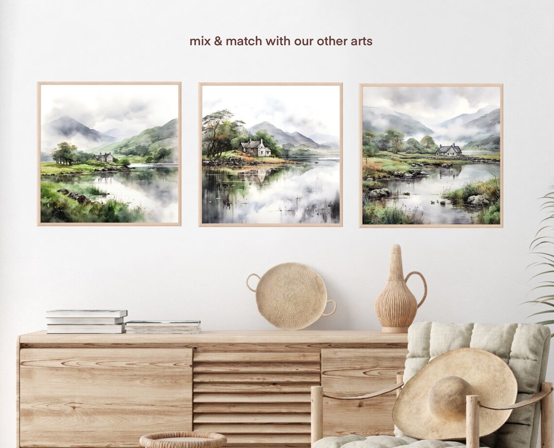 Ireland Stone Cottage Lake Reflection Misty Mountains Art Poster - Image 3