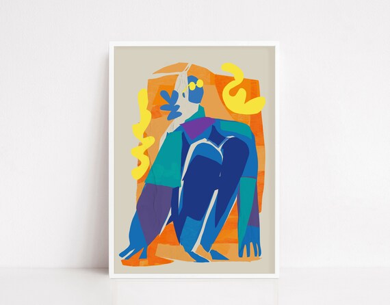 Matisse Style Cut Out Seated Figure Blue Orange Abstract Art Poster