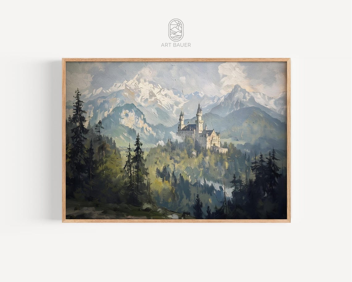 Fairytale Bavarian Castle Snowy Alps Pine Forest Landscape Poster