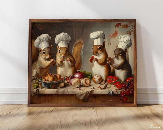 Whimsical Squirrel Chefs Cooking In Kitchen Culinary Animal Art Poster