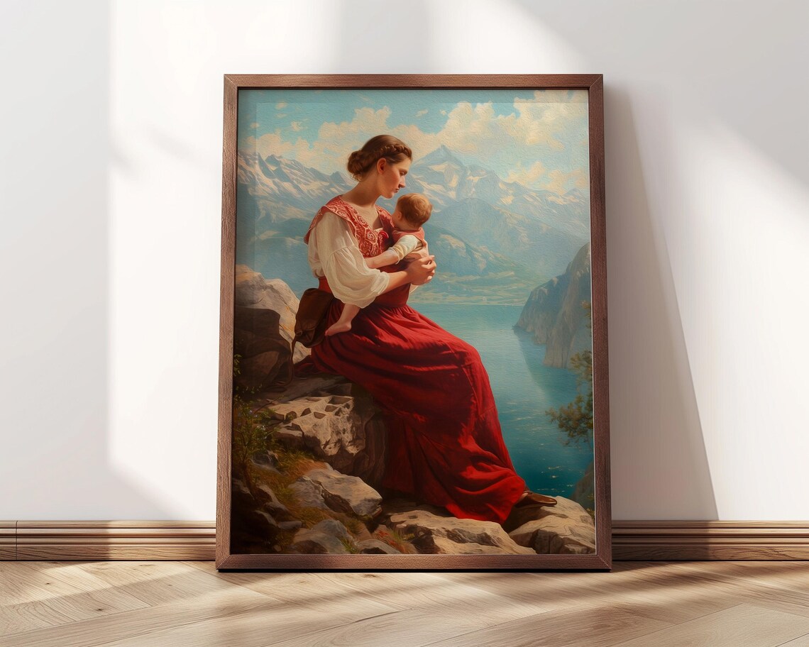Mother Holding Baby Alpine Lake Mountain View Red Dress Art Poster