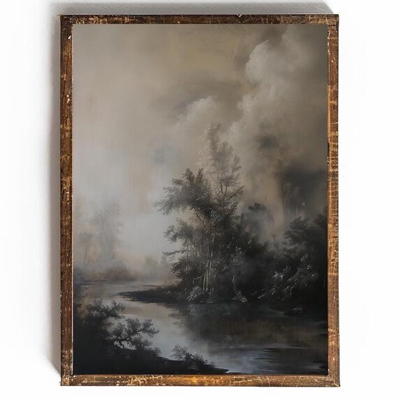 Dark Misty Lake With Trees Under Stormy Sky Moody Art Poster