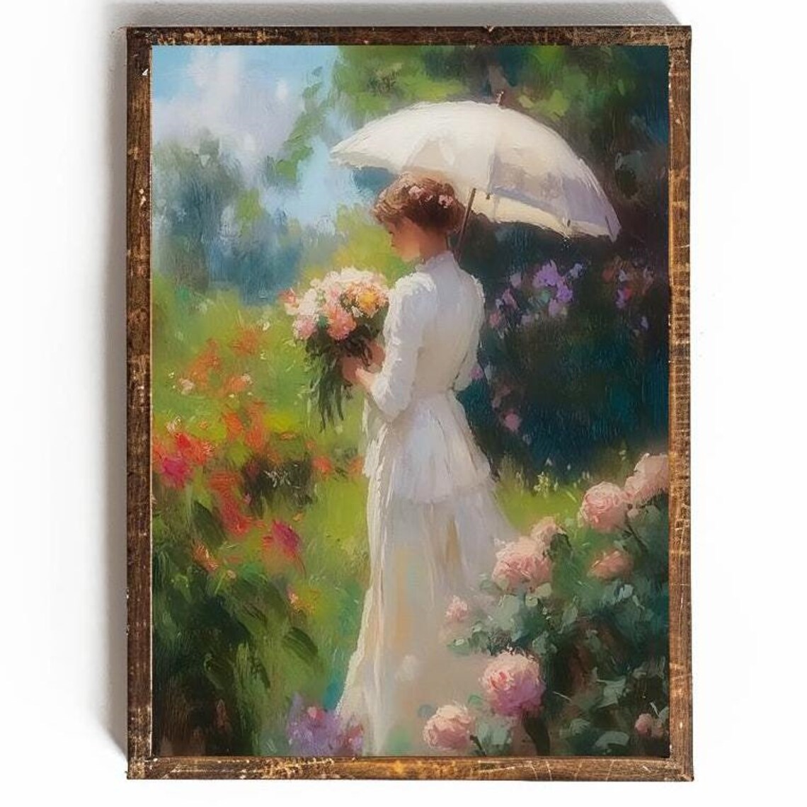 Woman with a Parasol in a Summer Rose Garden Painting Poster