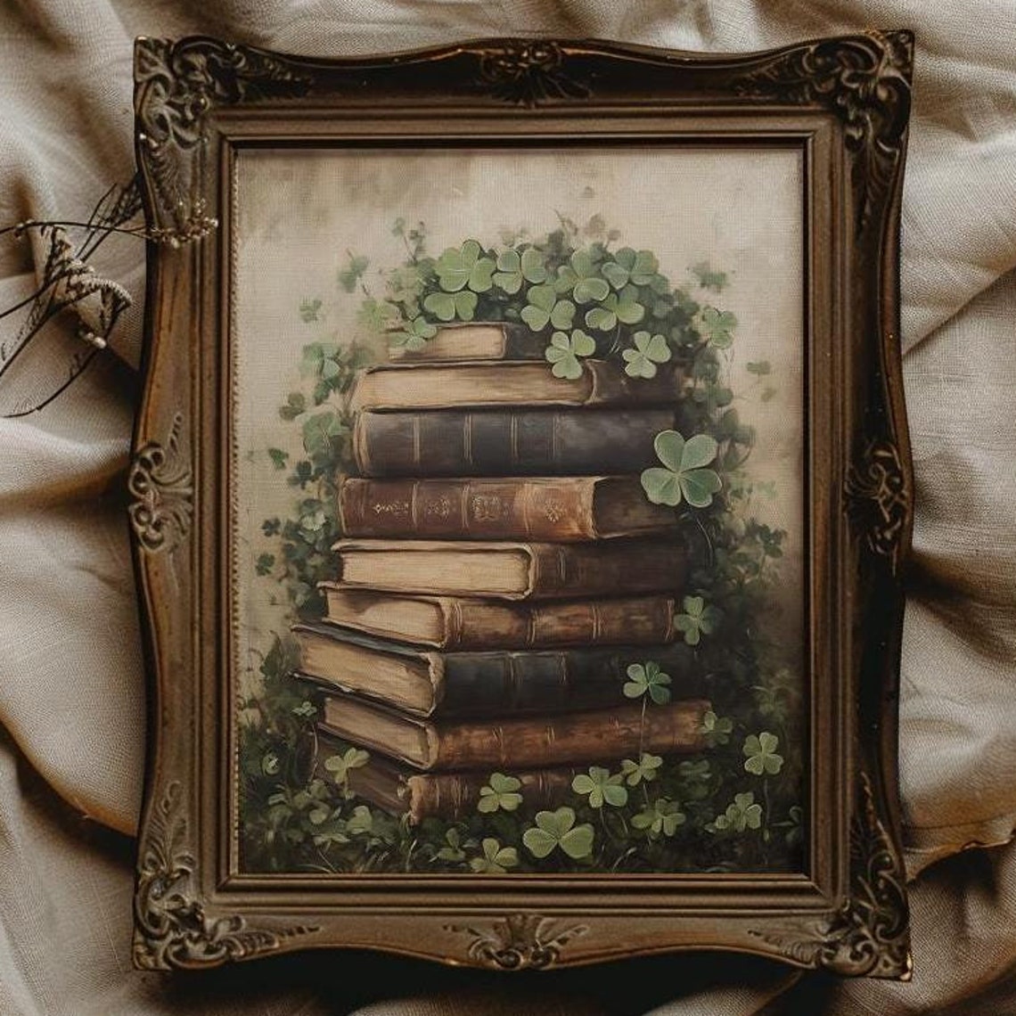 Shamrock Clover Nestled Around a Stack of Vintage Books Framed Poster
