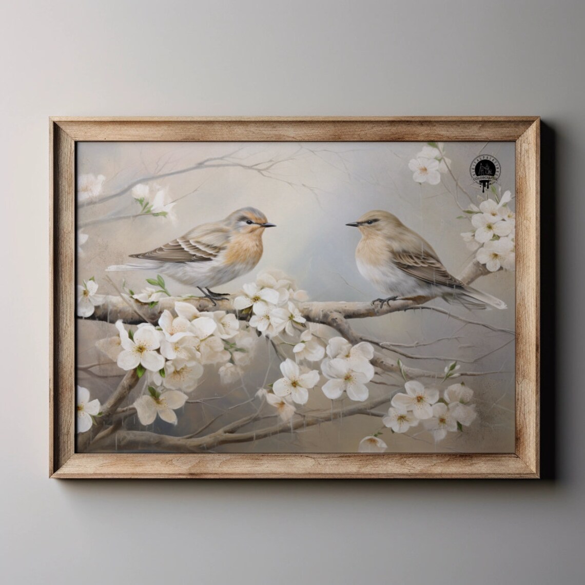 Two Songbirds On Blossom Branch Vintage Spring Bird Painting Wall Art