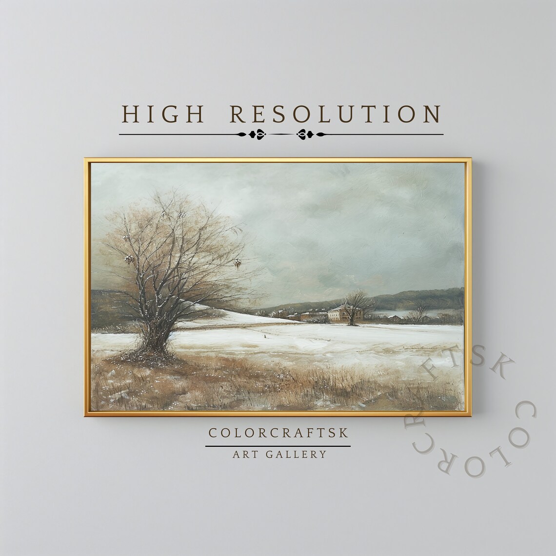 Snowy Winter Field Bare Tree Vintage Muted Landscape Painting Poster