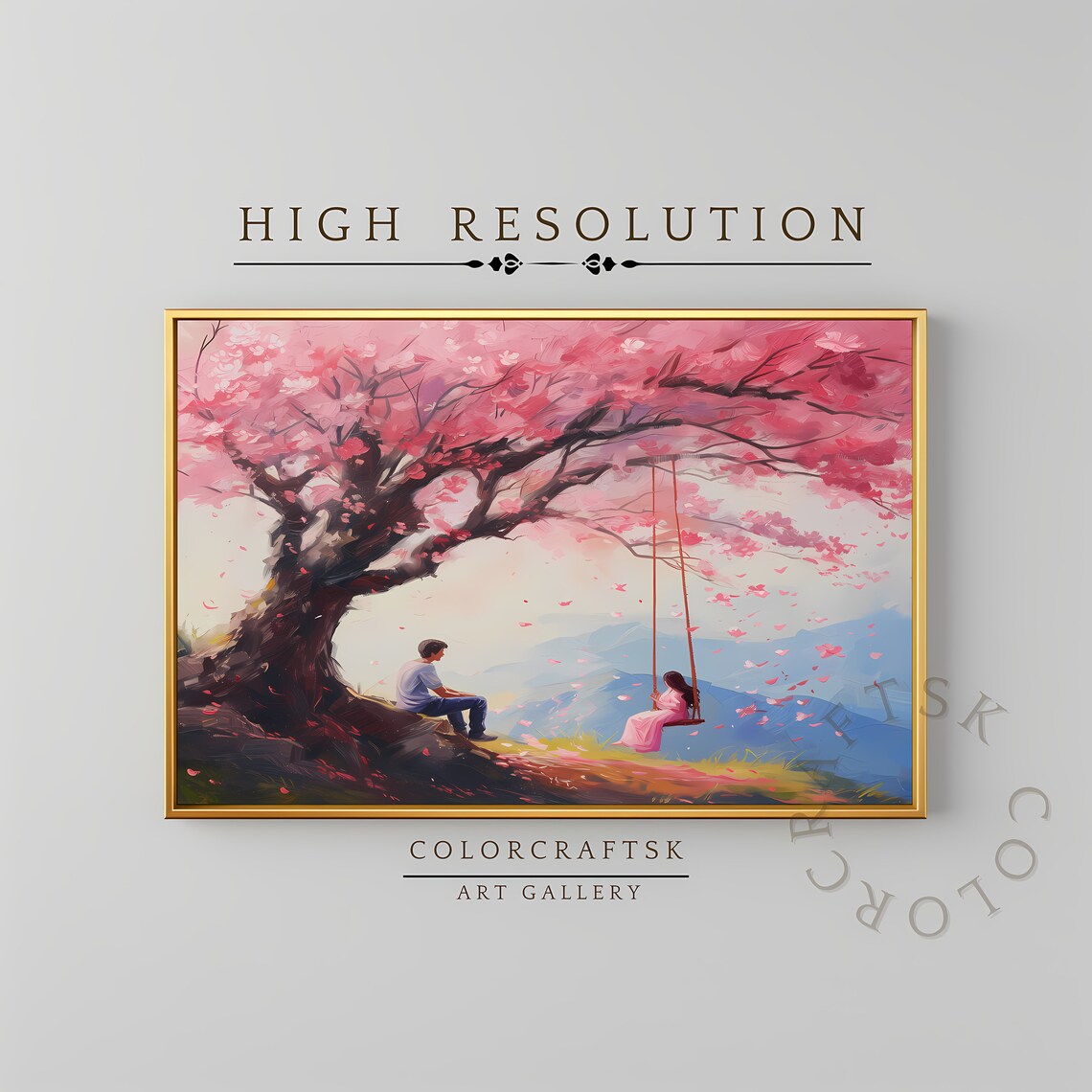 Romantic Couple Under Pink Cherry Blossom Tree Painting Wall Art Print