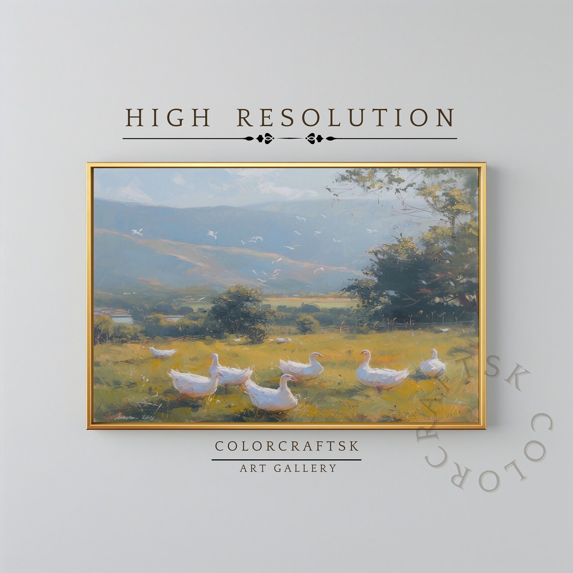 White Geese Sunny Meadow Vintage Farmhouse Animal Painting Wall Poster
