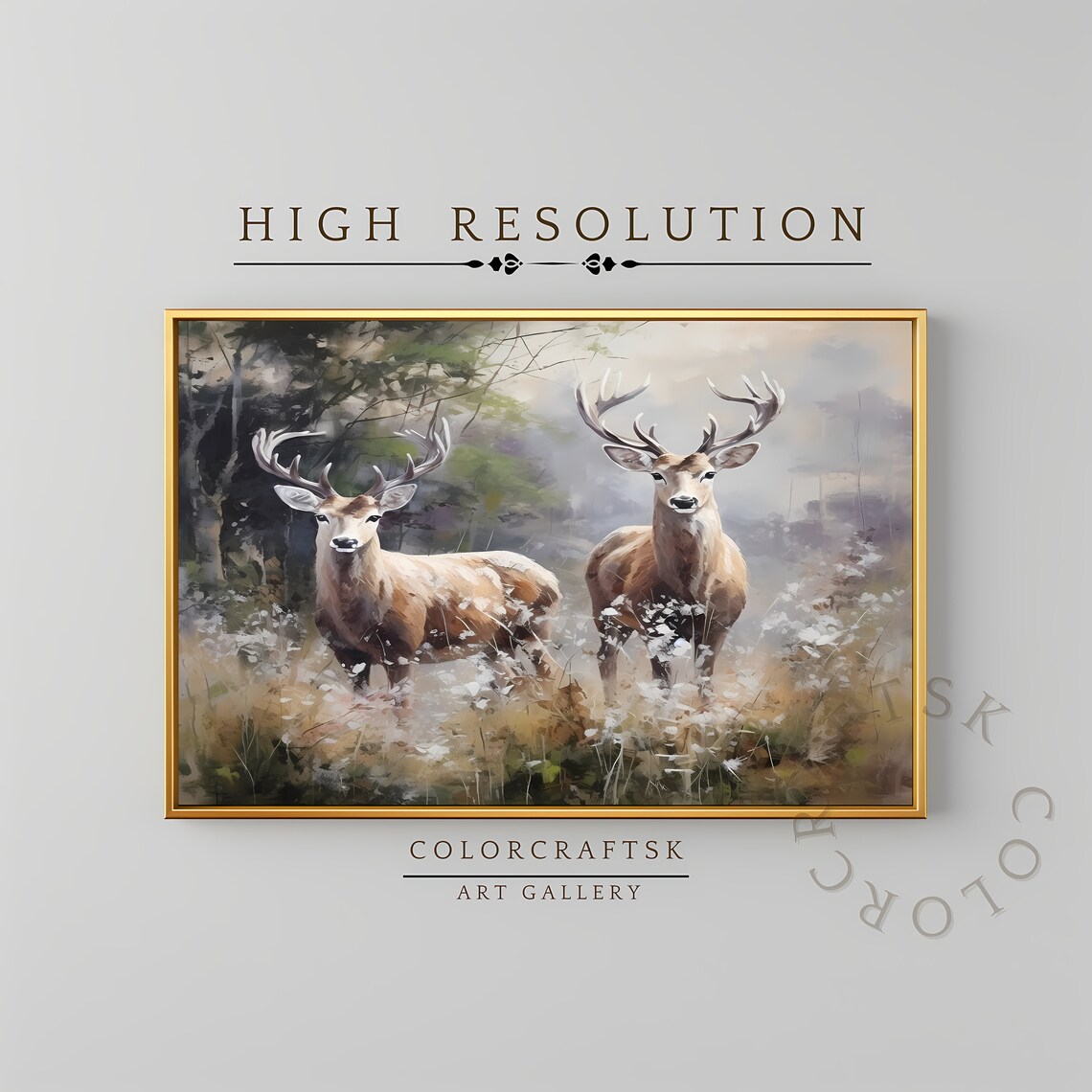 Two Stags In Misty Wildflower Field Vintage Deer Oil Painting Art Print