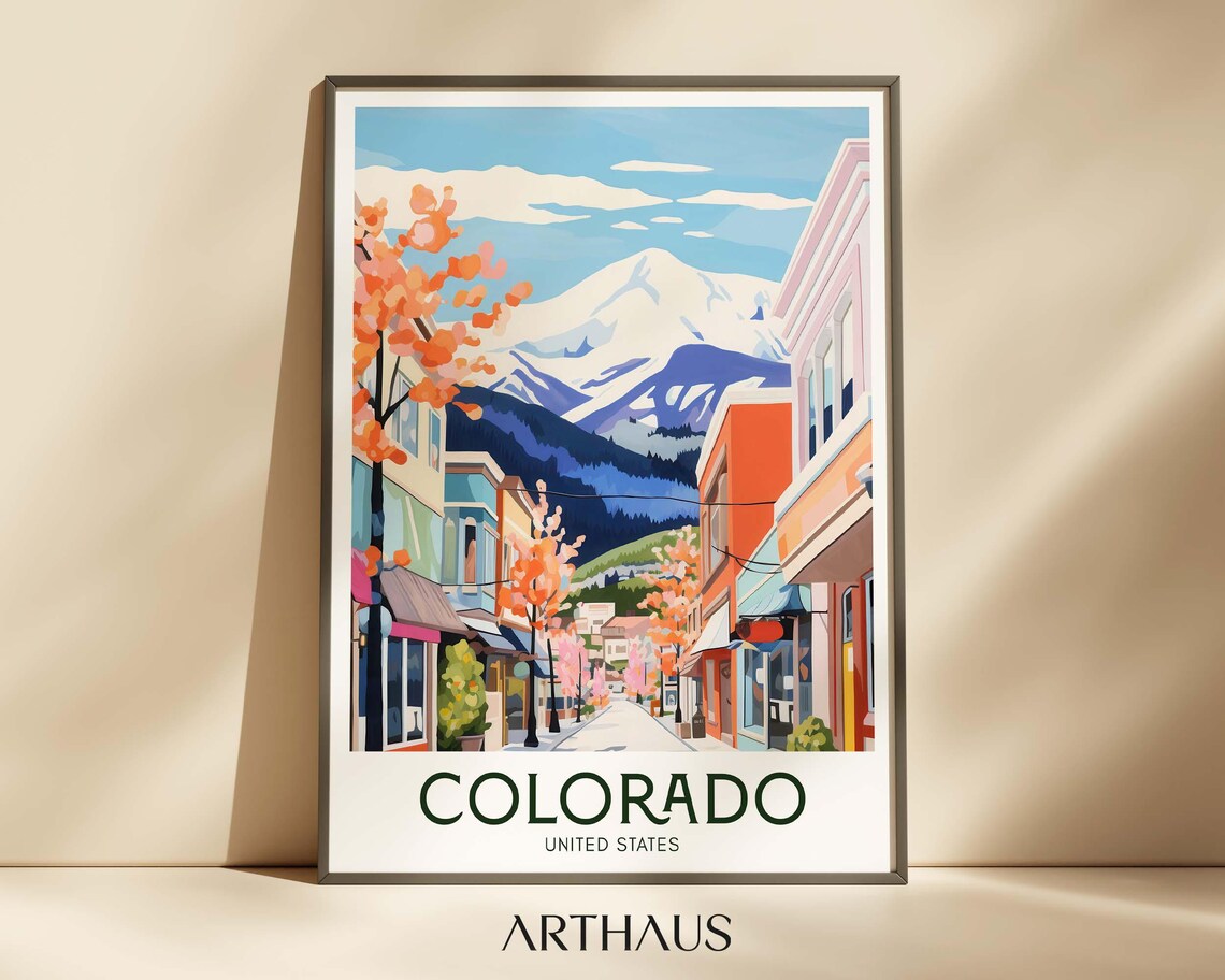 Colorado Mountain Town Street Snowy Peak Autumn Scenic Travel Poster