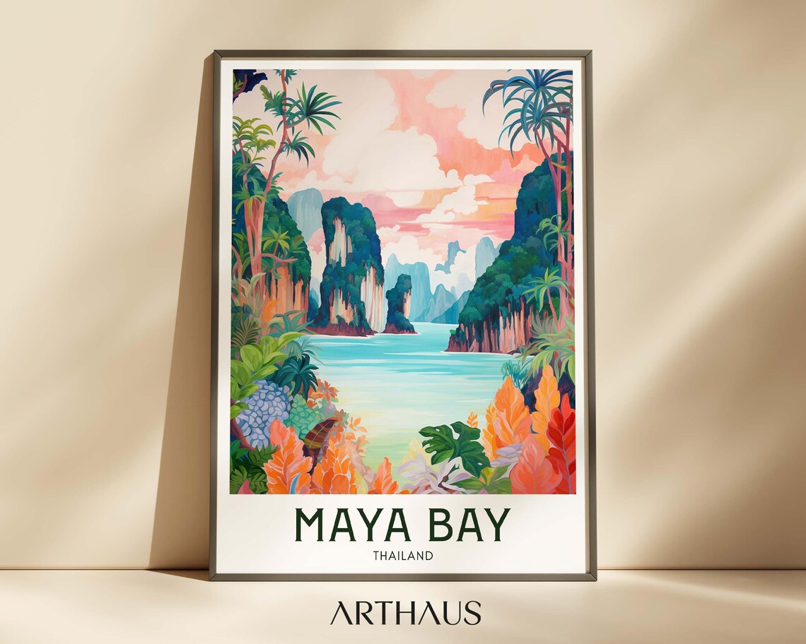 Maya Bay Thailand Limestone Cliffs Lagoon Travel Poster Jungle Art